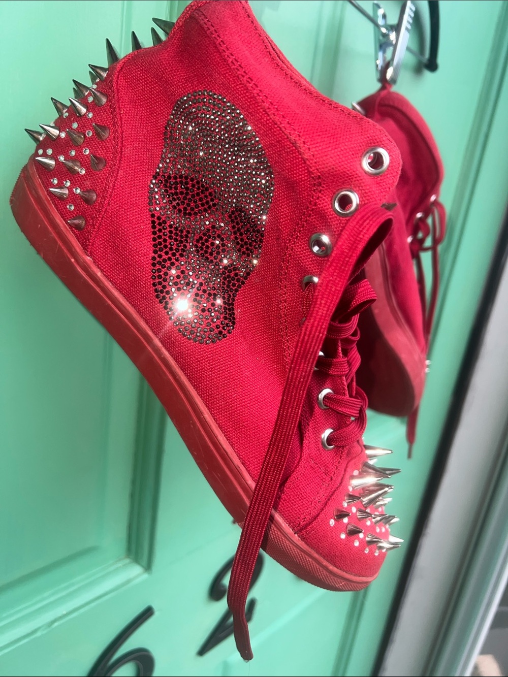 Penny Sue rave Red High-Top skull face 💀 Sneakers with Spikes and Rhinestones- 8